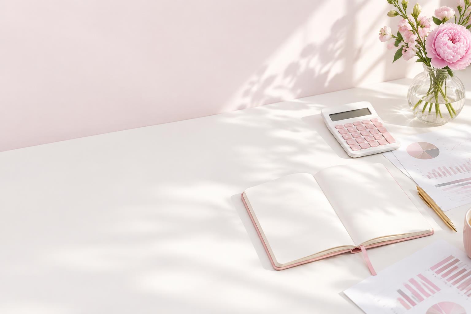 Pink calculator, notebook, and fresh flowers on a sunlit accounting desk